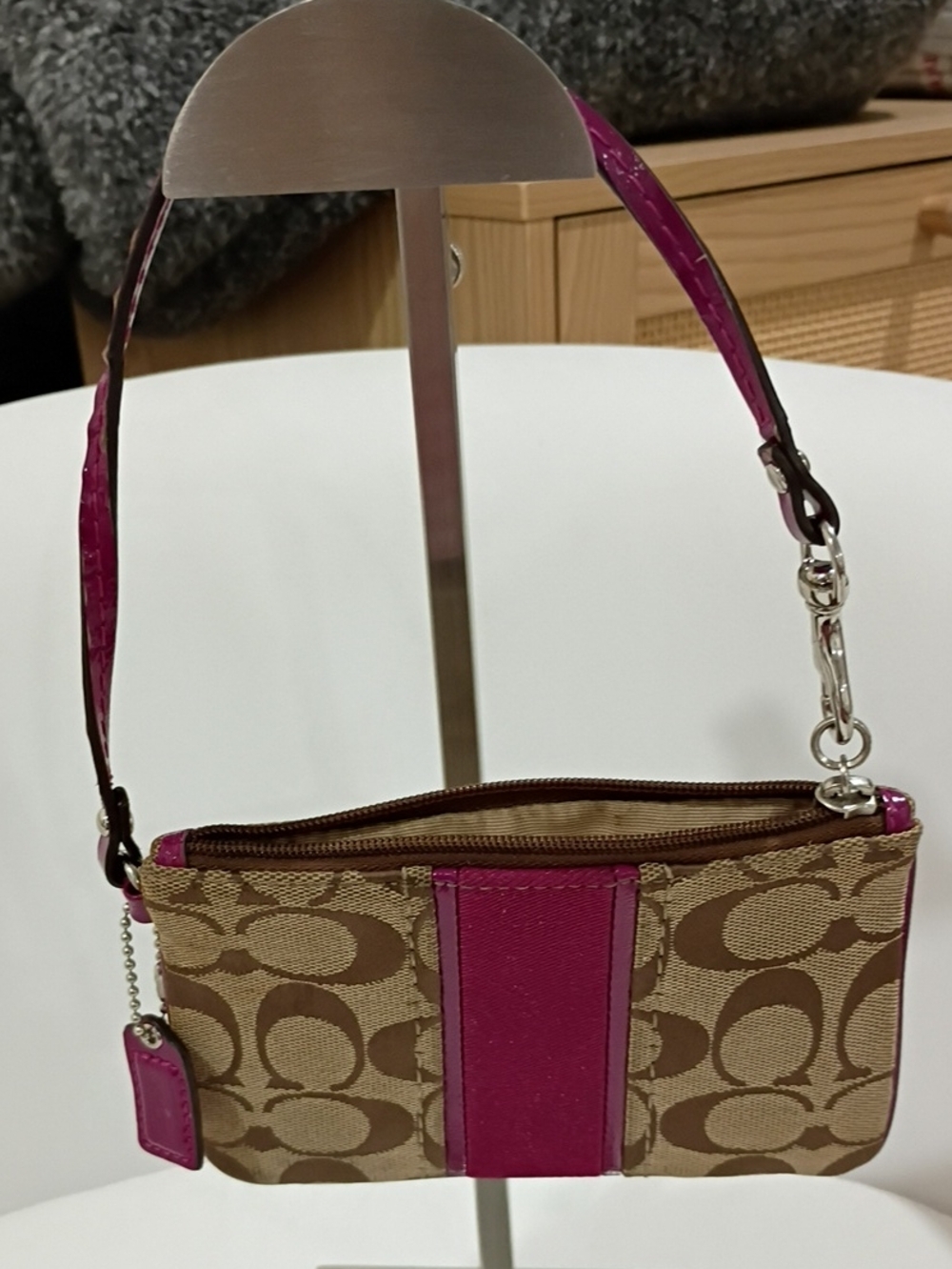 Coach Pink and Tan Signature Canvas Wristlet